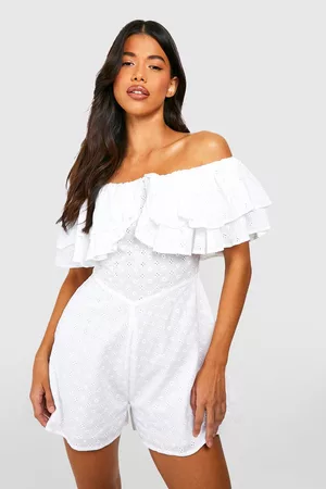 Boohoo Women Off the shoulder Jumpsuits - Womens Tall Off The Shoulder Ruffle Eyelet Flippy Romper - - 2