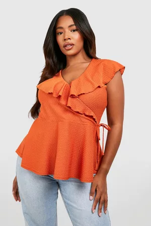 Plus Orange Wrap Over Floral Blouse, Women's Blouses