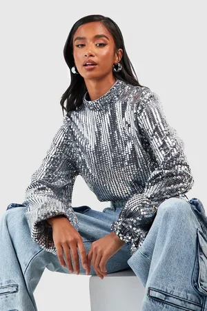 Sequin High Neck Long Sleeved Top