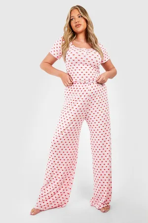 Heart & Eyelash Print Pajama Set, V Neck Cami Top & Lettuce Trim Shorts,  Women's Sleepwear & Loungewear