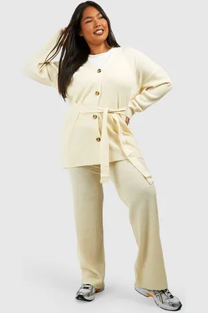 Boohoo Womens Plus Slouchy Belted Cardigan And Wide Leg Knit Set - - 12