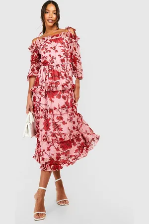 Boohoo Womens Tall Floral Dobby Cold Shoulder Tiered Midi Skater Dress - - 2