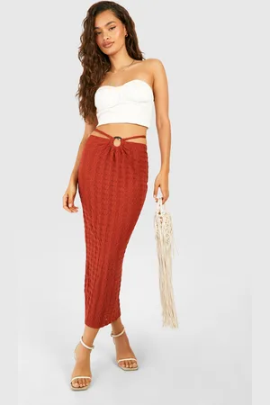 Boohoo Womens Tie Waist O Ring Textured Midi Skirt - - 2