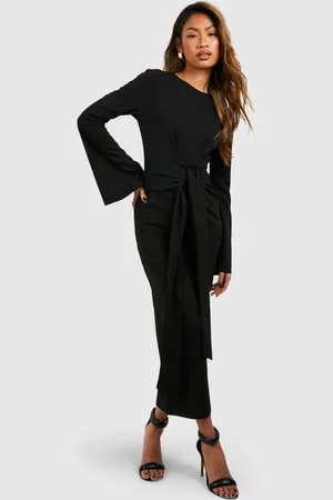 Boohoo Womens Tie Front Flared Sleeve Crepe Midi Dress - - 4