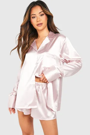 Boohoo Womens Oversized Blush Satin Short Pajama Set - - 2