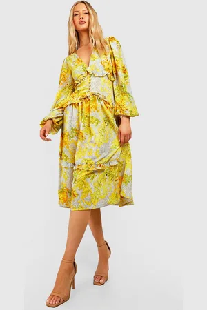 Boohoo Womens Tall Floral Ruffle Waist Detail Midi Dress - - 10