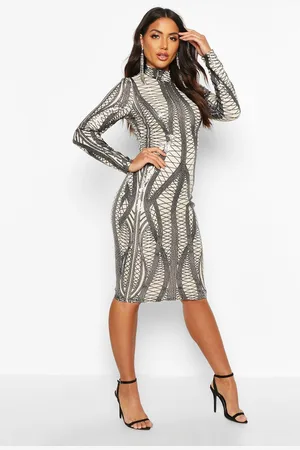 Boohoo Womens Mesh Sequin High Neck Long Sleeve Midi Party Dress - - 4