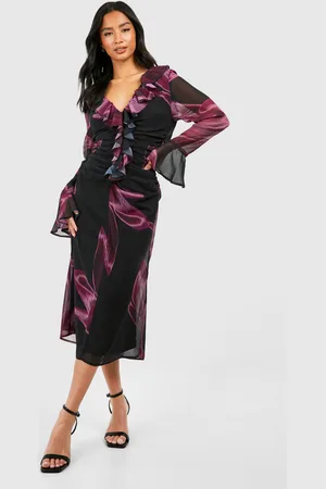 Boohoo Womens Petite Dark Floral Ruffle Ruched Woven Midi Dress - - 2