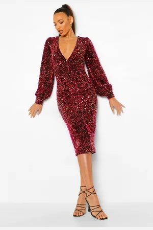 Boohoo Womens Tall Sequin Balloon Sleeve Plunge Midi Dress - - 2
