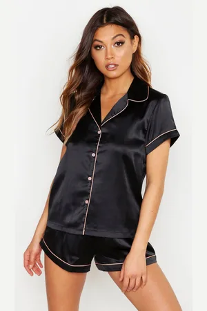 Boohoo Womens Satin Contrast Piping Pajama Short Set - - 2