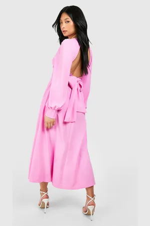 Boohoo Womens Petite Tie Back Puff Sleeve Satin Midi Dress - - 2