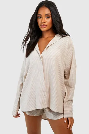 Boohoo Womens Cotton Tonal Pinstripe Oversized Pajama Shirt - - 2