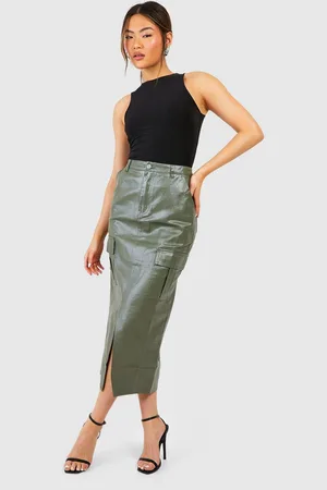 Boohoo Womens Pu Coated Cargo Pocket Denim Midi Skirt - - 12