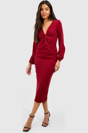 Boohoo Womens Tie Front Puff Sleeve Crepe Midi Dress - - 2