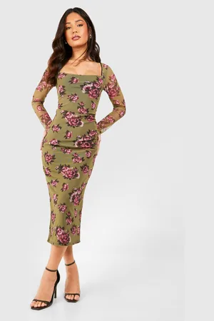 Boohoo Womens Petite Floral Mesh Square Neck Midi Dress - - 4