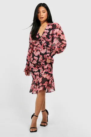 Boohoo Womens Petite Floral Ruffle Hem Woven Midi Dress - - 2
