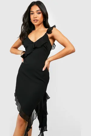 Boohoo Womens Petite Chiffon Ruffle Asymmetric Ruffle Midi Dress - - 8