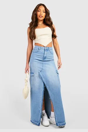 Boohoo Womens Tall Cargo Split Front Frayed Denim Maxi Skirt - - 2