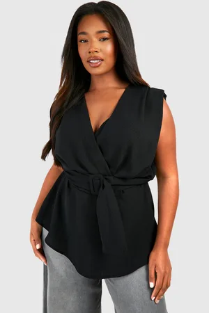 Boohoo Womens Plus Hammered Belted Wrap Peplum Top - - 12