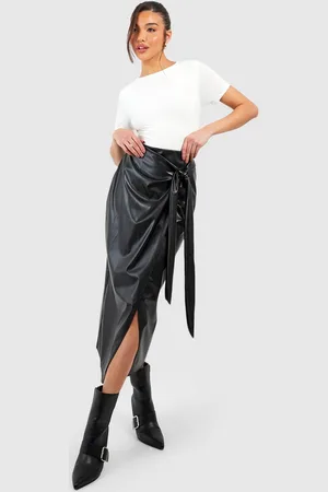 Boohoo Womens Faux Leather Wrap Midi Skirt - - 2