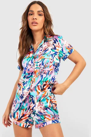 Boohoo Womens Mixed Leopard Print Satin Pajama Shirt & Short Set - - 8