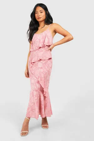 Boohoo Womens Petite Floral Jacquard Ruffle Midi Dress - - 4
