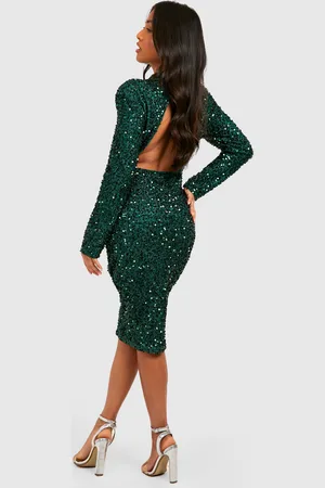 Boohoo Womens Petite Sequin Shoulder Pad Backless Midi Dress - - 6