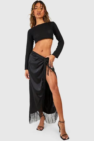 Boohoo Womens Tassel Hem Wrap Satin Midi Skirt - - 2