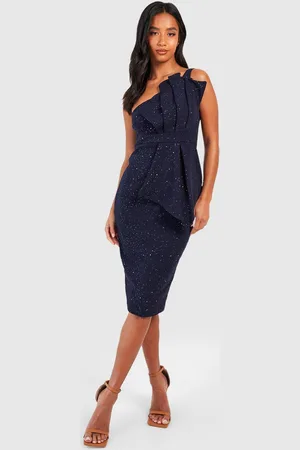 Boohoo Womens Petite Metallic Asymmetric Ruffle Detail Midi Dress - - 6