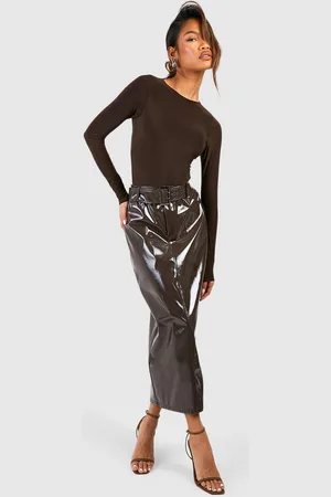 Boohoo Womens Premium Vinyl Belted Midi Skirt - - 12