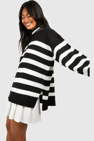 Boohoo Womens Stripe Turtleneck Side Split Sweater - - S