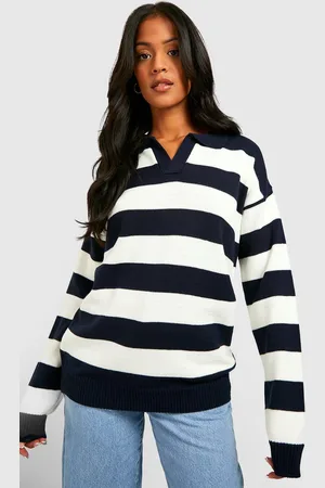 Boohoo Womens Tall Knitted Stripe Collard Oversized Sweater - - 2