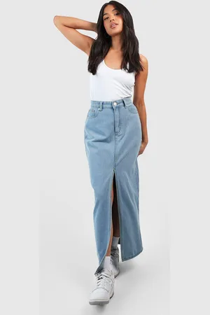 Boohoo Womens Petite Light Wash Split Front Denim Midi Skirt - - 4
