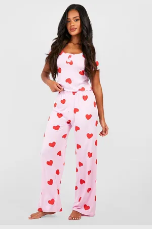 Boohoo Womens Heart Print Button Front Pajamas - - 2