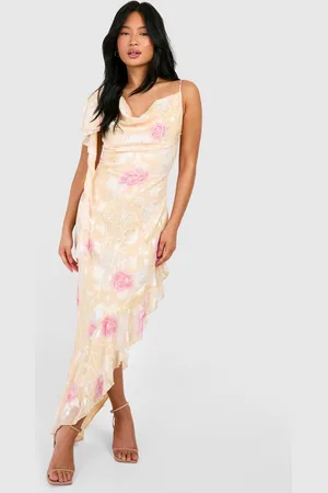 Boohoo Womens Petite Lace Floral Asymmetric Ruffle Midi Dress - - 4