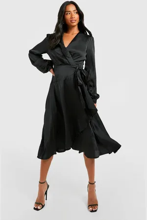 Boohoo Womens Petite Satin Wrap Detail Midi Skater Dress - - 4