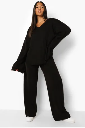 Boohoo Womens Plus Knitted V Neck Side Split Pants Set - - 22