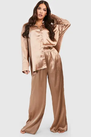 Boohoo Womens Oversized Satin Pajama Shirt & Pants Set - - 2
