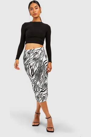 Boohoo Womens Khaki Zebra Print Rib Side Split Midi Skirt - - 2