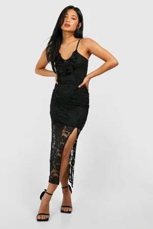 Boohoo Womens Petite Lace Ruffle Split Leg Midi Dress - - 2
