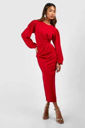 Boohoo Womens Drape Side Puff Sleeve Crepe Midi Dress - - 4
