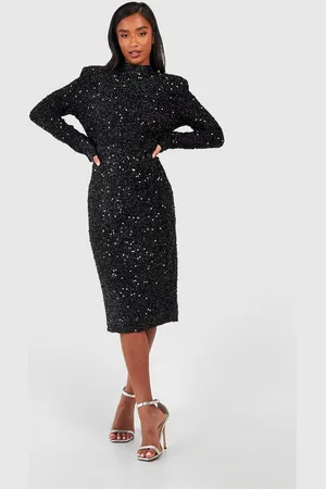 Boohoo Womens Petite Sequin Shoulder Pad Backless Midi Dress - - 12