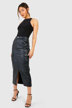 Boohoo Womens Pu Coated Cargo Pocket Denim Midi Skirt - - 2