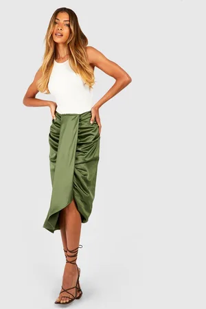 Boohoo Womens Heavy Satin Drape Front Midi Skirt - - 2