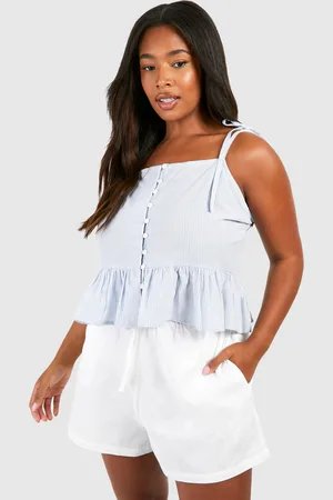 Boohoo Womens Plus Woven Pinstripe Tie Strap Frill Hem Top - - 12