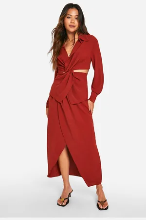 Boohoo Womens Hammered Waist Detail Wrap Front Midi Skirt - - 2