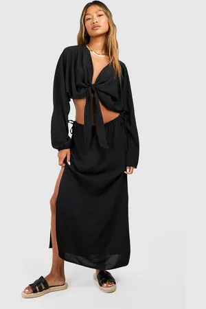 Boohoo Womens Hammered Puff Sleeve Tie Front Crop & Midi Skirt - - 2