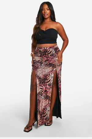 Boohoo Womens Plus Mesh Mixed Leopard Print Split Detail Maxi Skirt - - 12