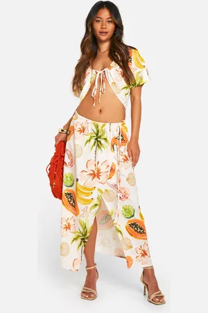 Boohoo Womens Hammered Palm Print Ruched Front Shirt & Wrap Midi Skirt - - 2