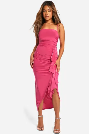 Boohoo Womens Petite Slinky Square Neck Ruched Ruffle Midi Dress - - 2